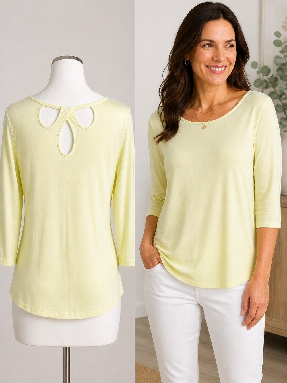 Chico’s | Light Yellow Rayon Blend Keyhole Back Top | 3/4 Sleeve | Size 1